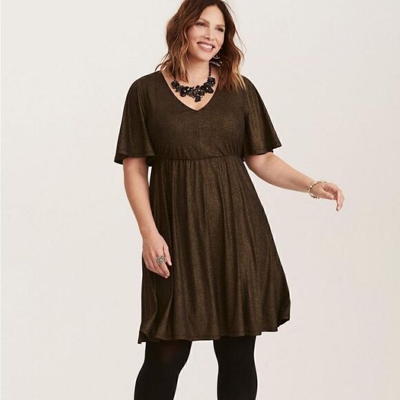TORRID Gold Shimmer V Neck Skater Dress F171 - Picture 1 of 8